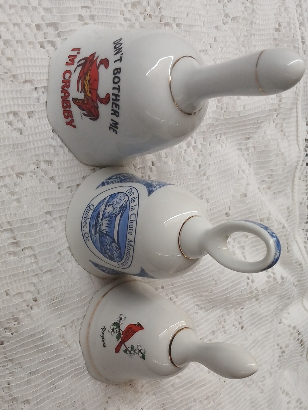 Set of 3 Decorative Ceramic Bells - White with Red & Blue Accents